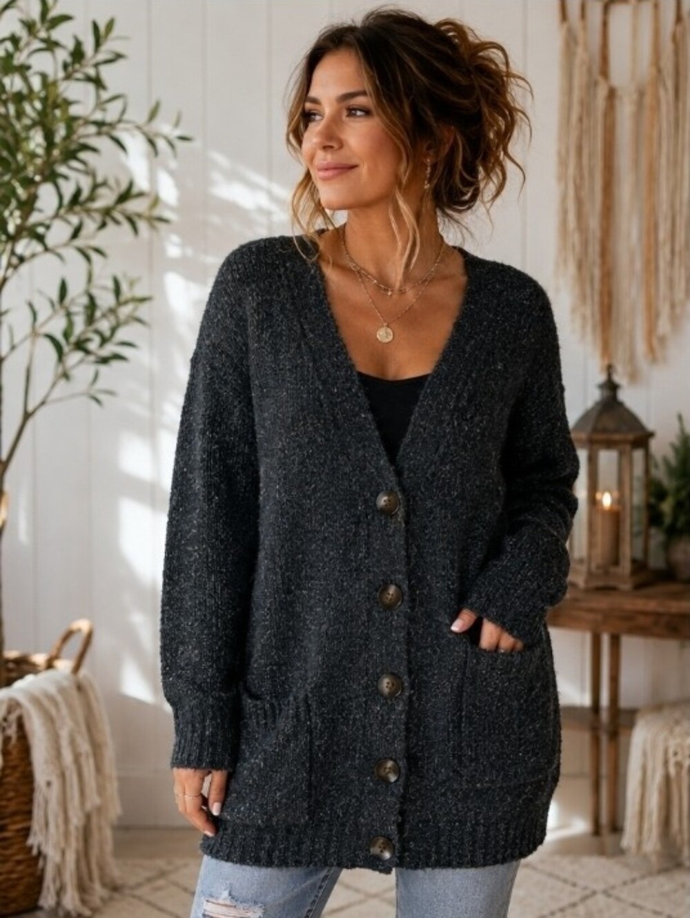 A.N.A. Women's Cozy Button-Front Long Cardigan Sweater | Medium | Super Soft